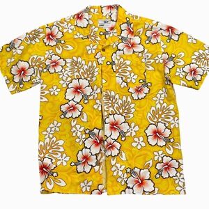 Good Vibes Shirt Men L Yellow Red Vibrant Floral Hawaiian Tropical Resort Cruise